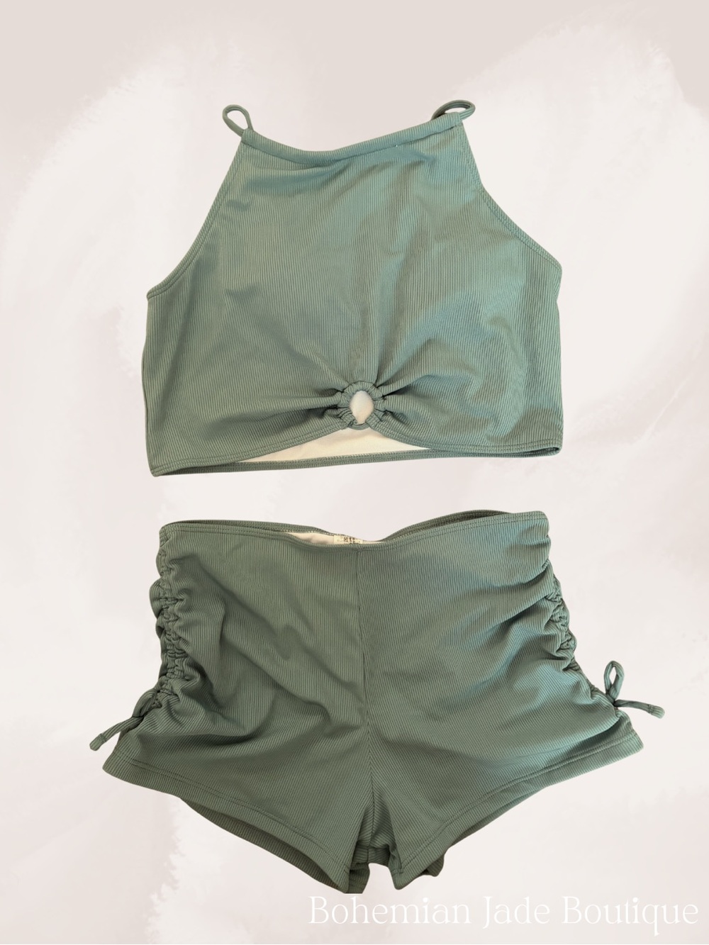 SHEIN Teen Swim Sage Green Ribbed Tankini Set Shorts 16Y NWT - Picture 2 of 5
